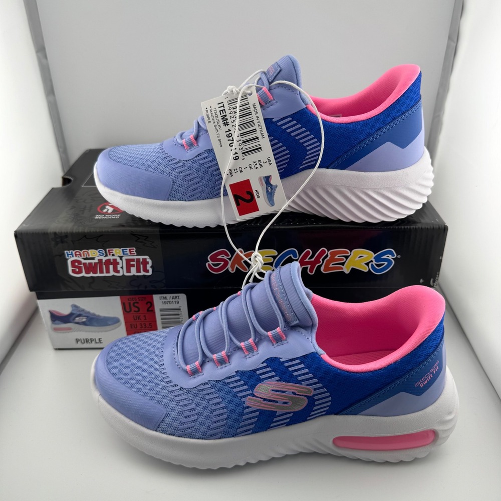 Skechers Swift Fit Kids Size 2 Purple NWT Hands Free Athletic Slip On Sneakers